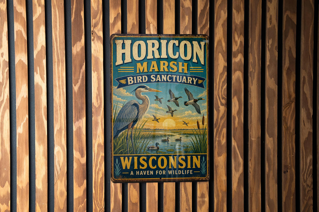 A vintage metal sign for the Horicon Marsh Bird Sanctuary in Wisconsin, featuring an illustration of a heron and ducks in a grassy area with a sunset in the background.