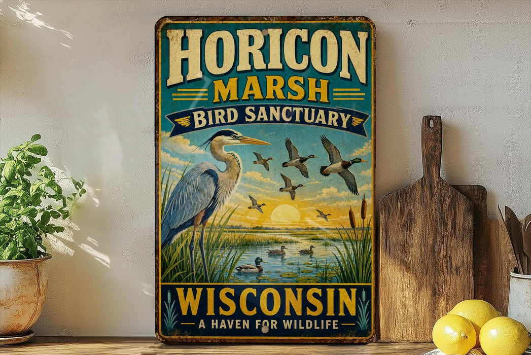 A vintage-style metal sign for the Horizon Marsh Bird Sanctuary in Wisconsin, featuring an illustration of a heron and ducks in a marshy landscape with a sunset.