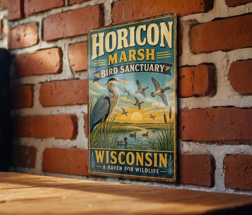 A vintage metal sign for the Horizon Marsh Bird Sanctuary in Wisconsin, featuring an illustration of a heron and ducks in a pond.