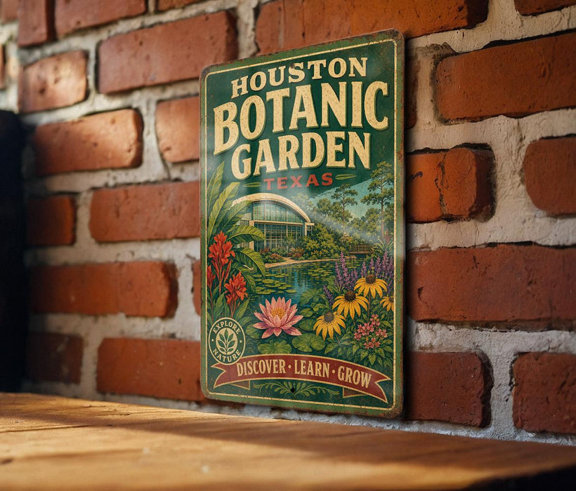 A vintage-style metal sign for the Houston Botanic Garden in Texas, featuring a lush garden scene with various plants and flowers.