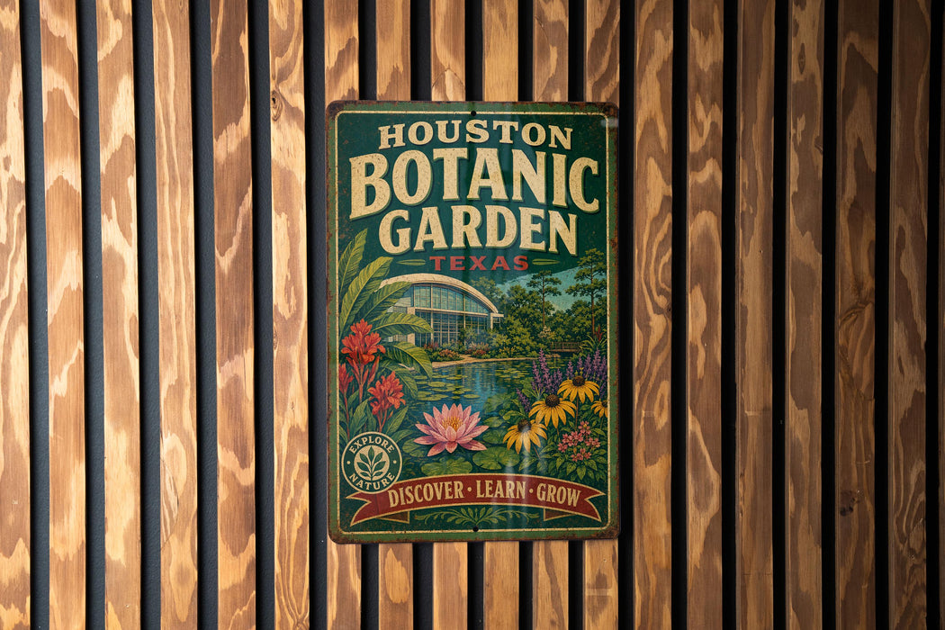 A vintage-style metal sign for the Houston Botanic Garden in Texas, featuring a colorful illustration of the garden's flora and fauna.