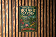 A vintage-style metal sign for the Houston Botanic Garden in Texas, featuring a colorful illustration of the garden's flora and fauna.