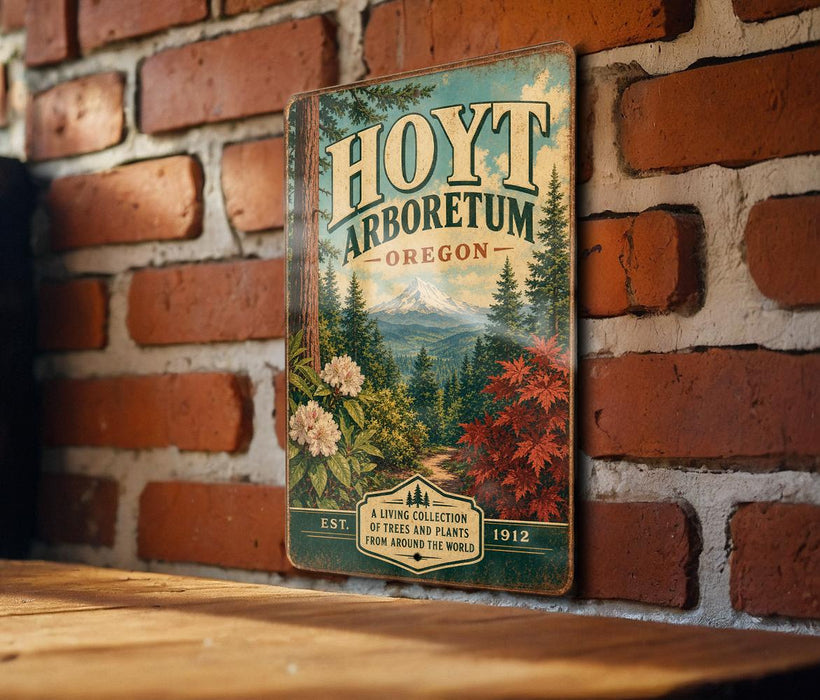 A vintage-style metal sign for the HOYT ARBORETUM, a living collection of trees and plants from around the world, is displayed on a brick wall.