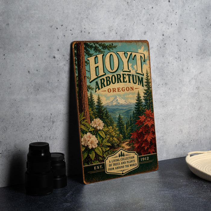 A vintage-style sign for "HOYT ARBORETUM OREGON" is displayed on a gray concrete wall, featuring a forest scene with a mountain in the background.
