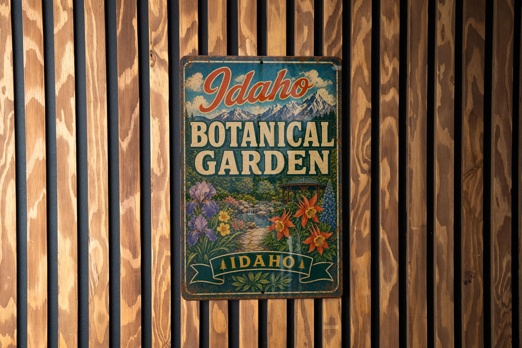 A vintage-style metal sign for the Idaho Botanical Garden, featuring a colorful illustration of flowers and plants.