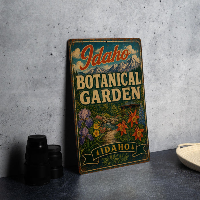 A vintage-style metal sign for the Idaho Botanical Garden, featuring colorful illustrations of flowers and plants, is displayed on a gray countertop.