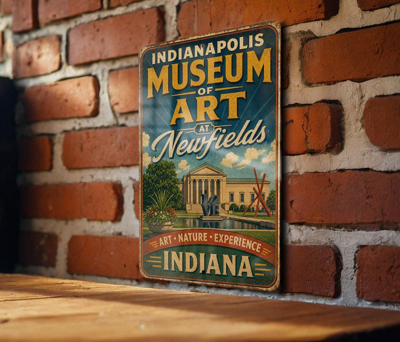 A vintage-style metal sign for the Indianapolis Museum of Art, featuring an illustration of the museum and the words "Art - Nature - Experience - Indiana" on a brick wall.
