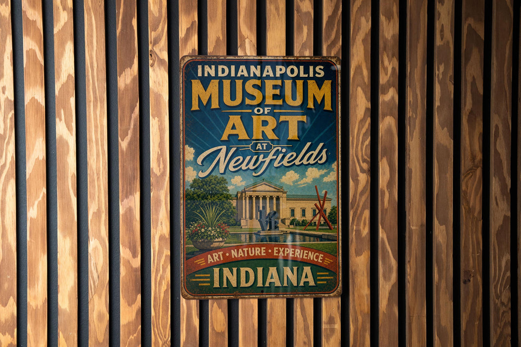 A vintage-style metal sign for the Indianapolis Museum of Art, featuring the museum's name and the words "Art - Nature - Experience - Indiana" in a decorative font.