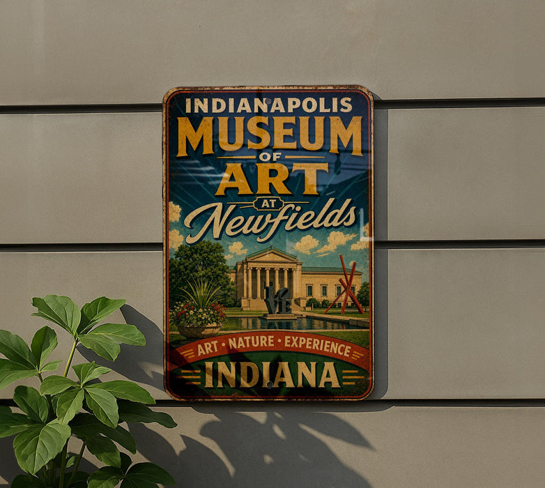 A vintage-style sign for the Indianapolis Museum of Art, featuring a building and palm trees, mounted on a wall.