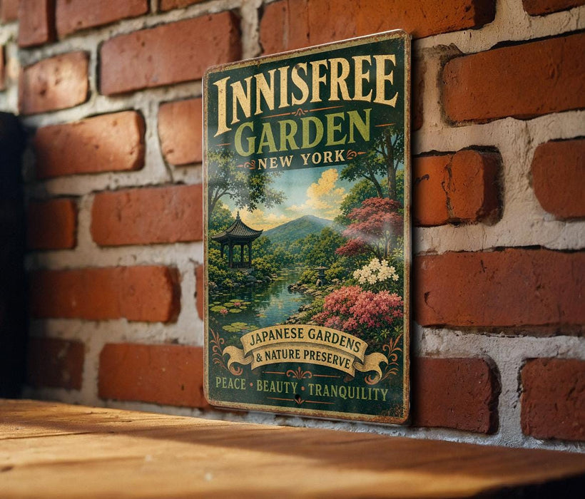 A vintage-style sign for the Innisfree Garden in New York, featuring a serene landscape with a pond, trees, and a pagoda.