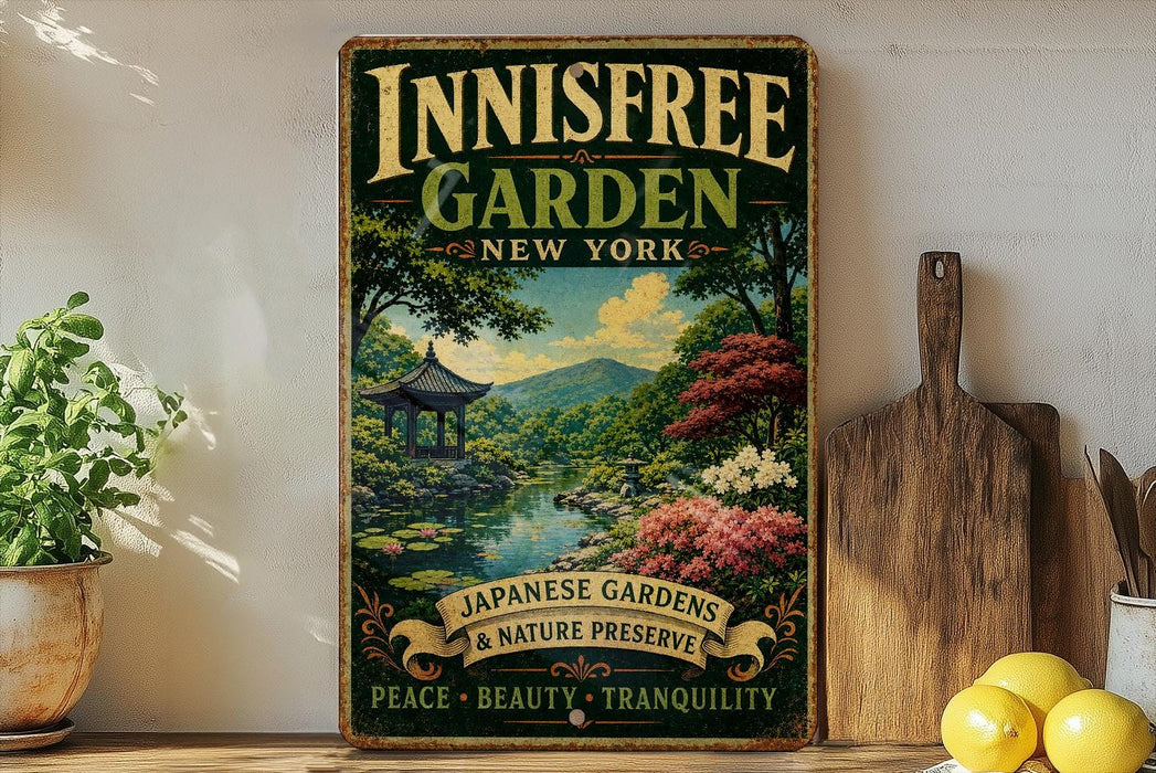 A vintage-style sign for the Innisfree Garden in New York, featuring a serene landscape with a pond, trees, and a pagoda.