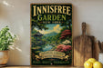 A vintage-style sign for the Innisfree Garden in New York, featuring a serene landscape with a pond, trees, and a pagoda.