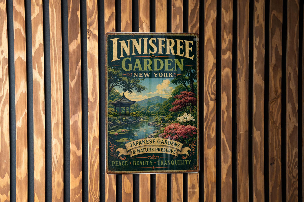 A vintage-style metal sign for the Innisfree Garden in New York, featuring a serene landscape with a pond, trees, and a pagoda.