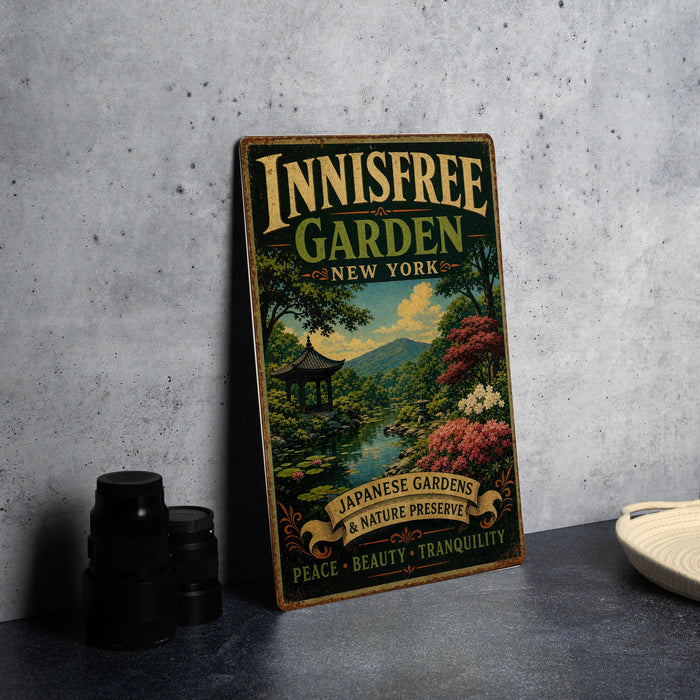 A vintage-style sign for the Innisfree Garden in New York, featuring a scenic landscape with a pagoda and cherry blossom trees.