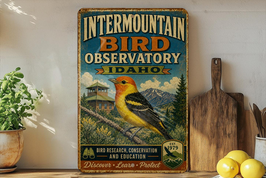 a vintage-style metal sign for the Intermountain Bird Observatory in Idaho, with a colorful illustration of a bird and a mountain landscape.
