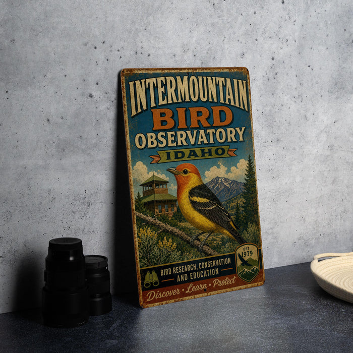 A vintage metal sign for the Intermountain Bird Observatory in Idaho, featuring a colorful illustration of a bird and a mountain landscape.
