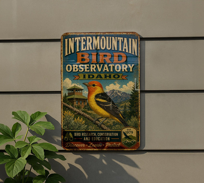 A vintage metal sign for the Intermountain Bird Observatory in Idaho, featuring a colorful illustration of a bird and a mountain landscape.