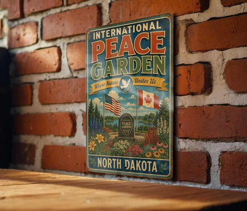 A vintage-style sign for the International Peace Garden in North Dakota, featuring an illustration of the garden with American and Canadian flags, flowers, and a bird.