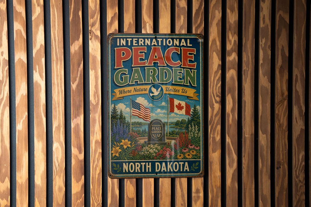 A vintage metal sign with the text "INTERNATIONAL PEACE GARDEN" and "NORTH DAKOTA" is displayed on a wooden fence.