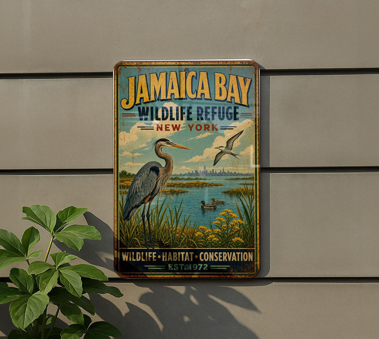 A vintage-style metal sign for Jamaica Bay Wildlife Refuge in New York, featuring a large bird and a serene landscape.