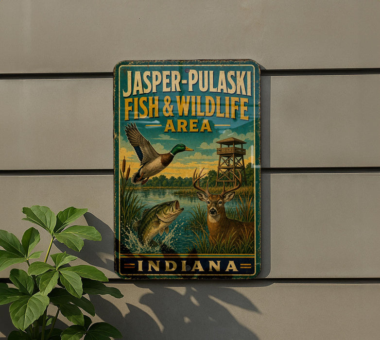 A vintage-style metal sign for the Jasper-Pulaski Fish & Wildlife Area in Indiana, featuring illustrations of various wildlife such as a duck, deer, and fish.