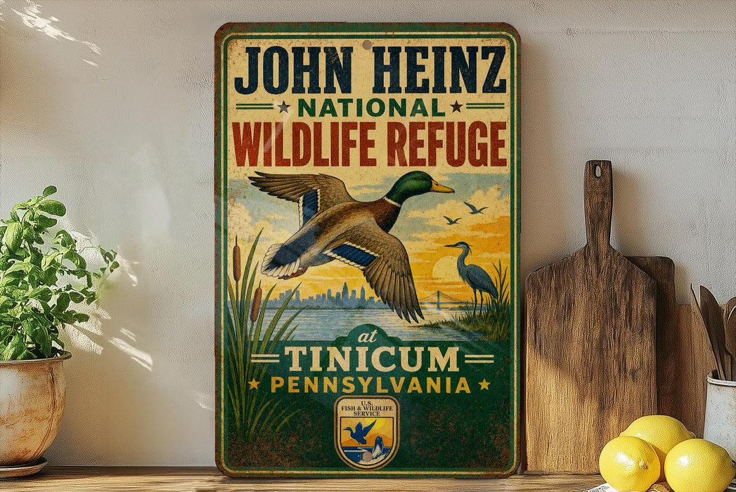 A vintage-style sign for John Heinz National Wildlife Refuge at Tinicum, Pennsylvania, featuring a duck in flight and a city skyline in the background.