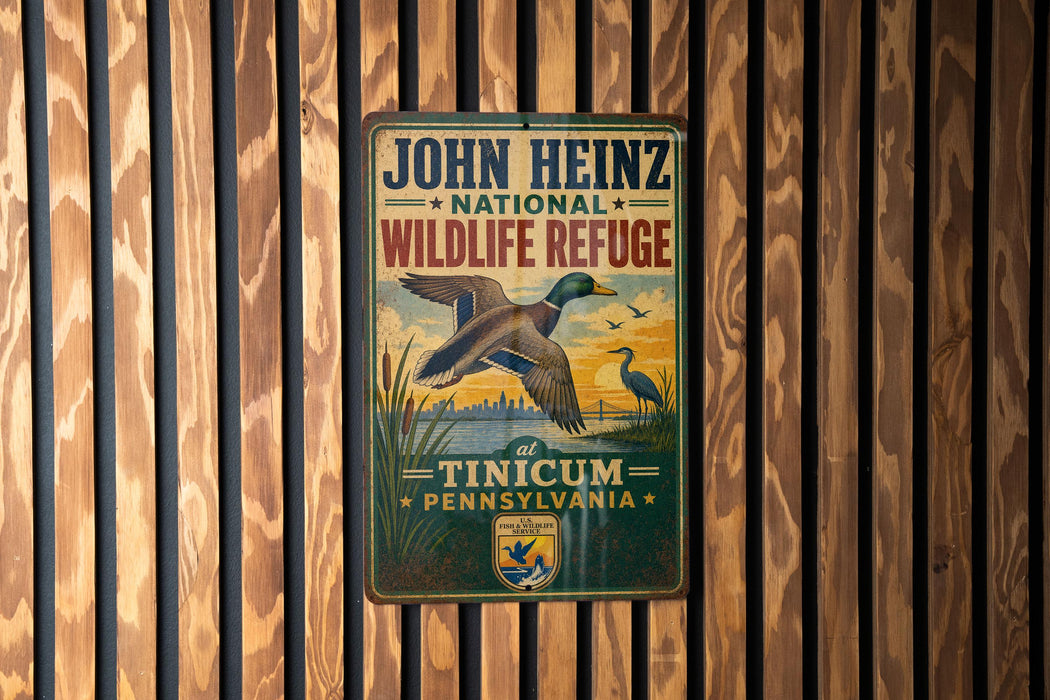 A vintage-style metal sign for John Heinz National Wildlife Refuge in Pennsylvania, featuring a duck in flight and a scenic landscape.