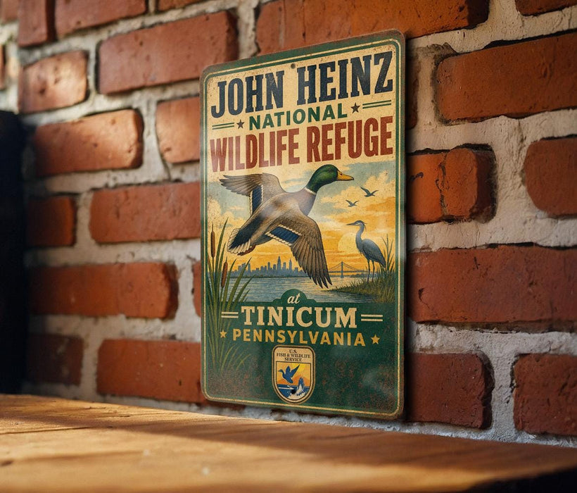 A vintage-style metal sign for the John Heinz National Wildlife Refuge in Pennsylvania, featuring a duck and other wildlife in a grassy landscape.