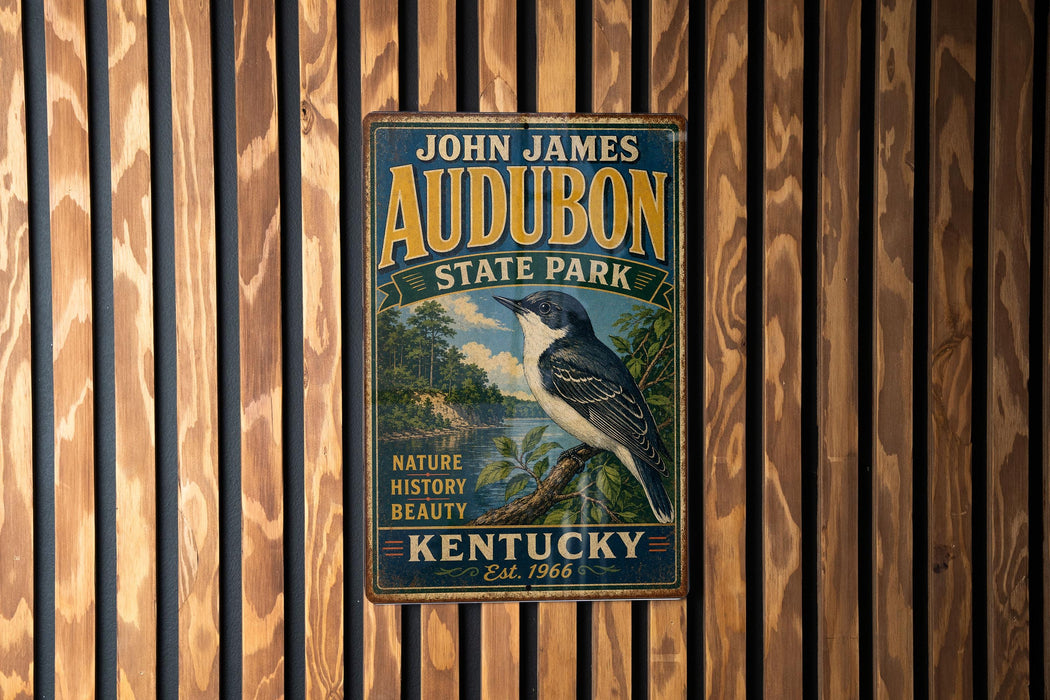 A vintage-style metal sign for John James Audubon State Park in Kentucky, featuring a bird illustration and text.