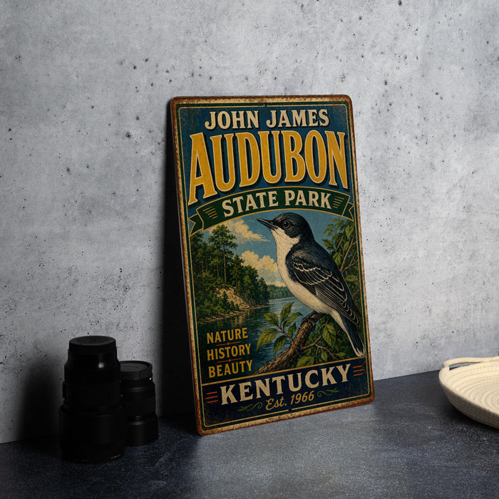 A vintage-style metal sign for John James Audubon State Park in Kentucky, featuring a bird illustration and text.