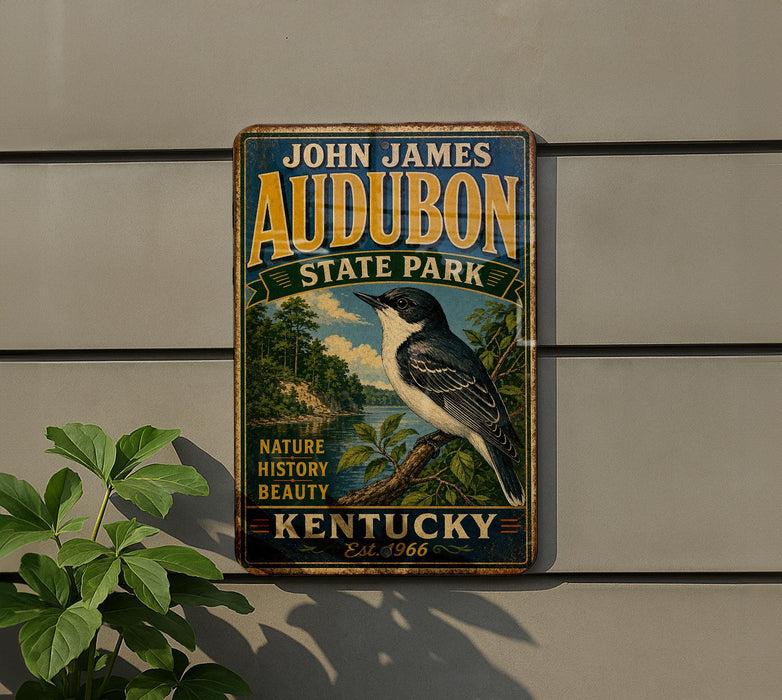 A vintage-style metal sign for John James Audubon State Park in Kentucky, featuring a black and white bird and text promoting the park's nature, history, and beauty.