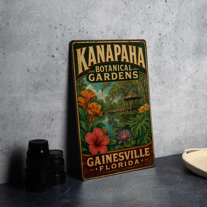 A vintage-style metal sign for the Kanapaha Botanical Gardens in Gainesville, Florida, featuring a tropical garden scene with flowers, plants, and a gazebo.