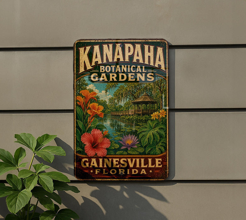 A vintage-style metal sign for the Kanapaha Botanical Gardens in Gainesville, Florida, featuring a tropical garden scene with colorful flowers and plants.