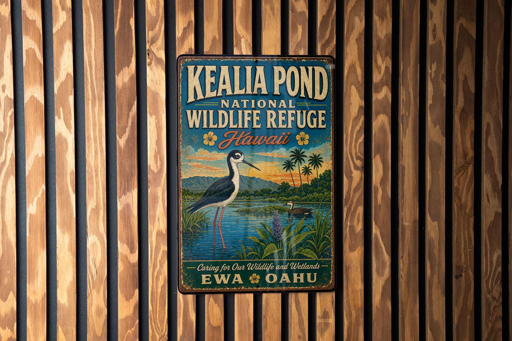 A vintage-style metal sign for the Kealia Pond National Wildlife Refuge in Hawaii, featuring an illustration of a bird and a tropical landscape.