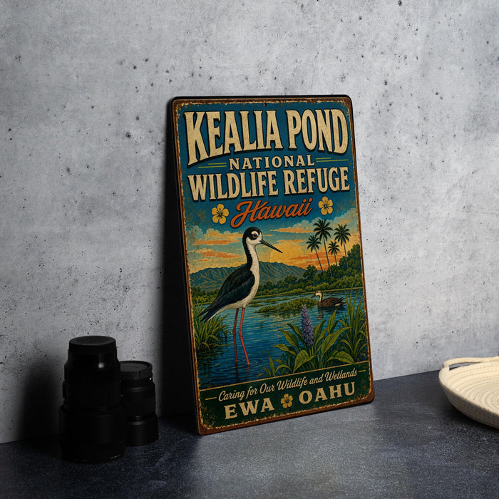 A vintage-style metal sign for the Kealia Pond National Wildlife Refuge in Hawaii, featuring an illustration of a bird and tropical vegetation.