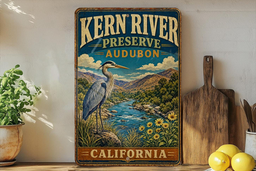 A vintage-style sign for Kern River Preserve in Audubon, California, featuring a heron standing on a rock in a scenic landscape.