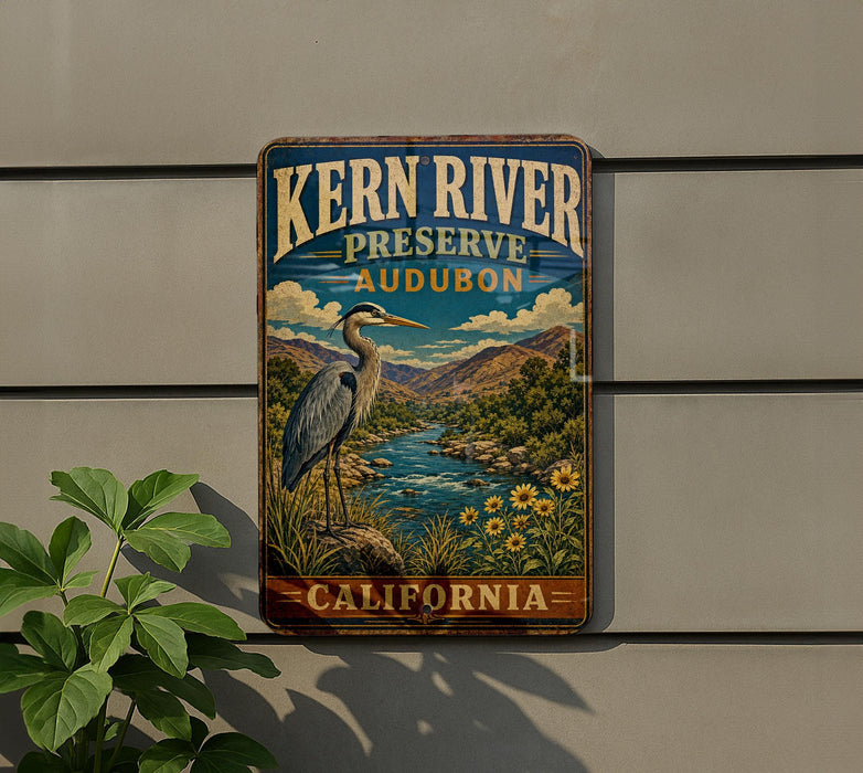 A vintage-style metal sign for Kern River Preserve in Audubon, California, featuring a large heron and a scenic landscape.