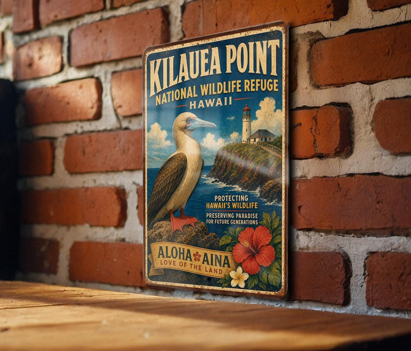 A vintage-style metal sign for the Hawaiian wildlife refuge, Kilauea Point, is displayed on a brick wall.