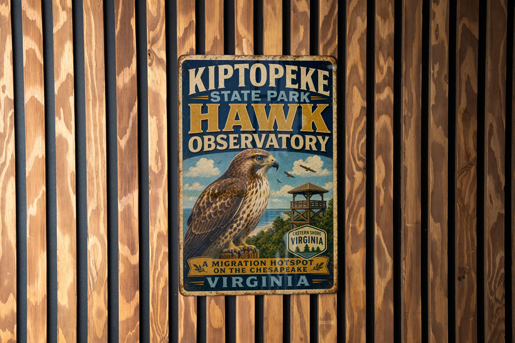 A vintage metal sign for Kiptope State Park's Hawk Observatory, featuring an illustration of a hawk and the text "A MIGRATION HOTSPOT ON THE CHESAPEAKE VIRGINIA".