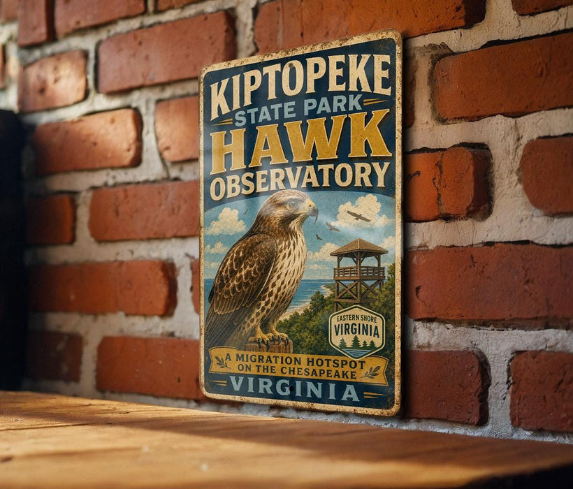 A vintage-style metal sign for Kiptopeke State Park's Hawk Observatory, featuring an illustration of a hawk and a gazebo.