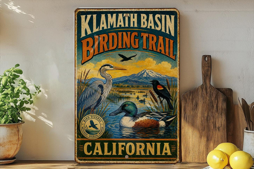 A vintage-style metal sign for the Klath Basin Birding Trail in California, featuring illustrations of various birds in a natural setting.