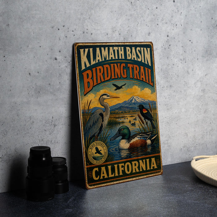 A vintage-style metal sign for the Klath Basin Birding Trail in California, featuring illustrations of various birds and a scenic landscape.