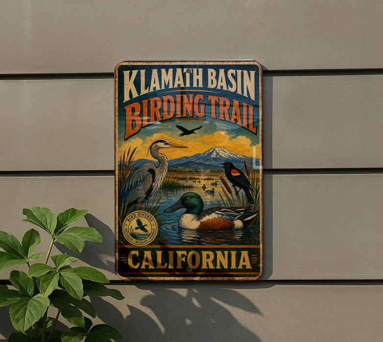 A vintage-style metal sign for the Klamath Basin Birding Trail in California, featuring illustrations of various birds in a natural setting.