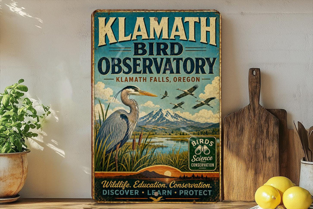 A vintage-style sign for the Klath Bird Observatory in Oregon, featuring an illustration of a heron and birds in flight against a scenic landscape.