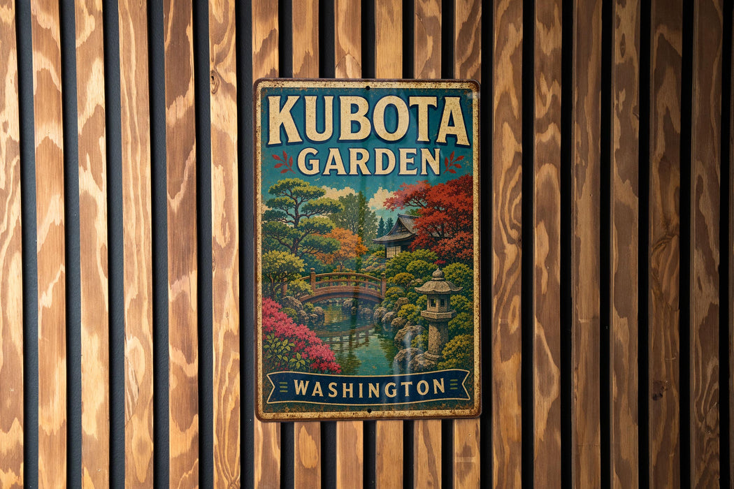 A vintage metal sign for Kubota Garden in Washington, featuring a colorful illustration of a Japanese garden with a bridge and pagoda.