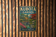 A vintage metal sign for Kubota Garden in Washington, featuring a colorful illustration of a Japanese garden with a bridge and pagoda.