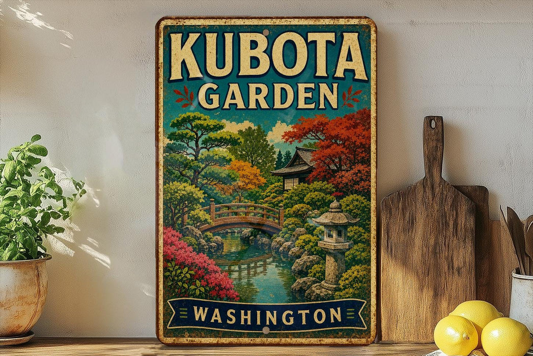 A vintage-style metal sign for Kubota Garden in Washington, featuring a scenic landscape with a bridge, pagoda, and colorful foliage.