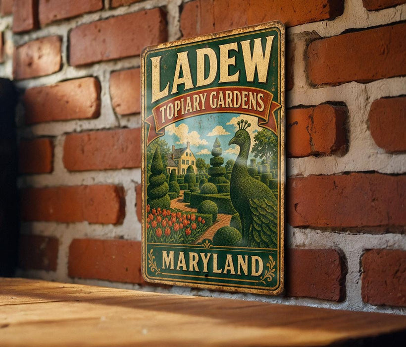A vintage metal sign for "LADEW TOPIARY GARDENS MARYLAND" is displayed on a brick wall.