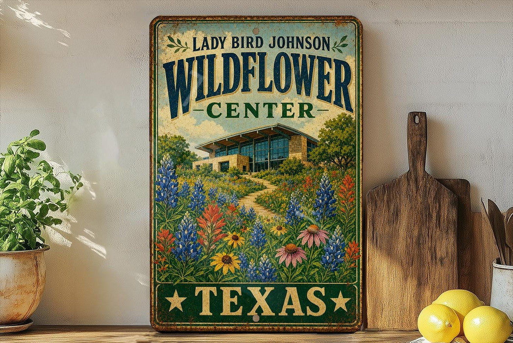 A vintage-style metal sign for the Lady Bird Johnson Wildflower Center in Texas, featuring a colorful illustration of a garden with flowers and a building in the background.