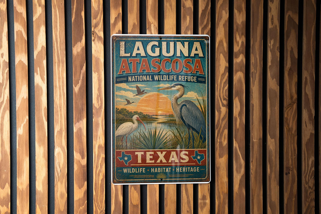 A vintage-style metal sign for the Laguna Atascosa National Wildlife Refuge in Texas, featuring a bird illustration and text promoting the refuge's wildlife, habitat, and heritage.